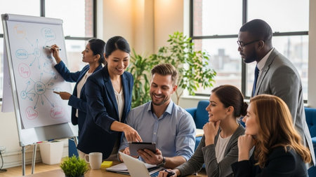 Group of multiethnic business people in smart casual wear working together on a project in the officeの素材
