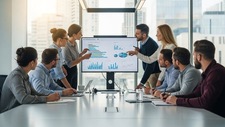 Group of business people discussing the charts and graphs showing the results of their successful teamworkの素材