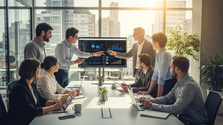 Group of business people in smart casual wear working and communicating in modern office.の素材