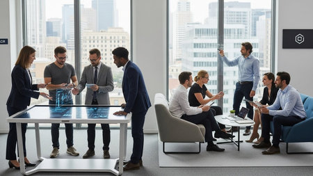 Group of business people having a meeting in a modern office, working togetherの素材