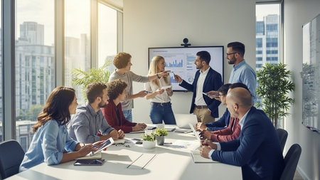 Group of business people working and communicating together in modern office. Teamwork concept.の素材