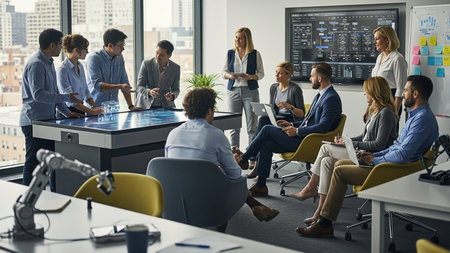 Group of business people working together in a meeting room with a city view backgroundの素材