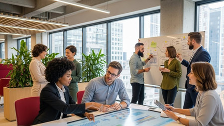 Group of multiethnic business people working and communicating together in creative office. Multiethnic startup business team on meeting in modern bright office interior.の素材