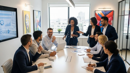 Group of multiethnic business people working together in modern boardroomの素材