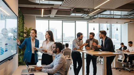 Group of young business people in smart casual wear working and communicating while sitting at the table in modern officeの素材