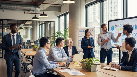 Multiethnic group of business people working together in modern office. Multiethnic corporate business team.の素材