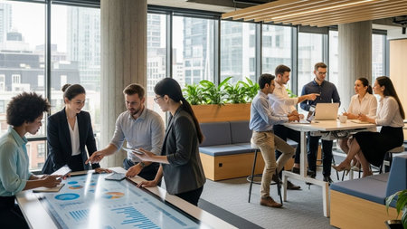 Multiethnic group of business people working together in a modern officeの素材