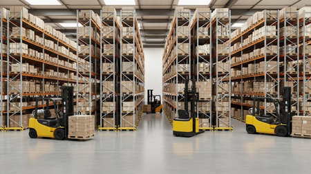 3d rendering of warehouse with forklift and shelves in the warehouseの素材