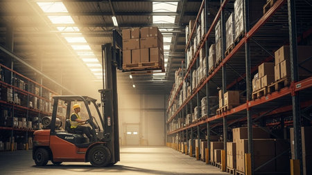 Forklift in warehouse. Logistics, transportation and shipping conceptの素材