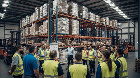 Warehouse staff working together in a large warehouse. This is a freight transportation and distribution warehouse. Industrial and industrial workers conceptの素材