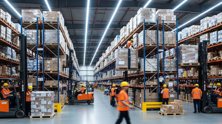 Modern warehouse with workers in Milan. Milan is the capital and largest city of Italy.の素材