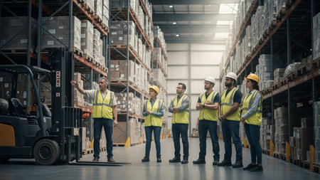 Portrait of confident warehouse staff standing in warehouse. This is a freight transportation and distribution warehouse. Industrial and industrial workers conceptの素材