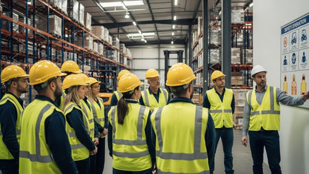 Warehouse staff working together in a large warehouse. This is a freight transportation and distribution warehouse. Industrial and industrial workers conceptの素材