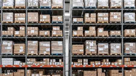 High angle view of rows of boxes in warehouse. This is a 3d render illustrationの素材