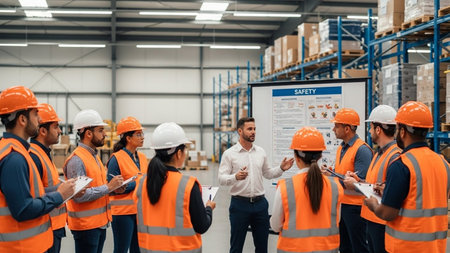 Front view of diverse staff in hardhats working together in warehouse. This is a freight transportation and distribution warehouse. Industrial and industrial workers conceptの素材