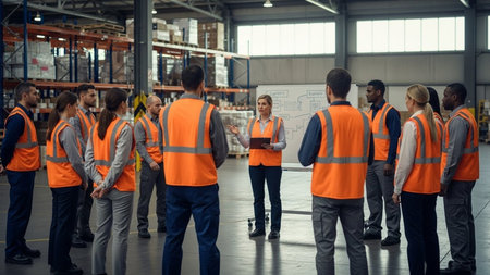 Front view of diverse warehouse staff standing together in warehouse. This is a freight transportation and distribution warehouse. Industrial and industrial workers conceptの素材
