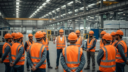 group of factory workers working together in warehouse. This is a freight transportation and distribution warehouse. Industrial and industrial workers conceptの素材