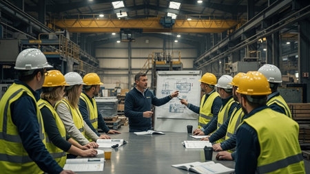 Group of factory workers discussing in warehouse. This is a freight transportation and distribution warehouse. Industrial and industrial workers conceptの素材