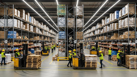 High angle view of warehouse workers working in warehouse. This is a freight transportation and distribution warehouse. Industrial and industrial workers conceptの素材