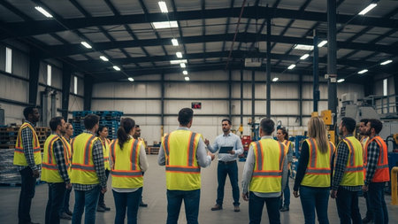 Group of factory workers discussing work in a warehouse. This is a freight transportation and distribution warehouse. Industrial and industrial workers conceptの素材