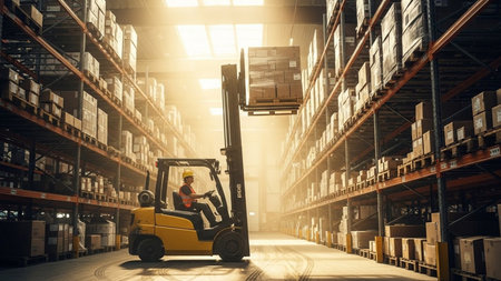 Forklift loader in warehouse. Industrial background. 3d renderingの素材