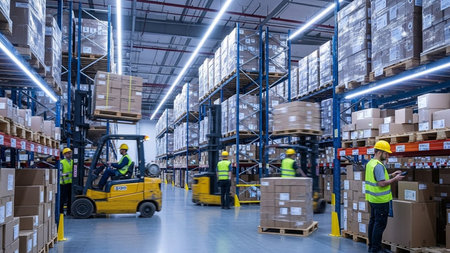 Warehouse workers working in a large warehouse. This is a freight transportation and distribution warehouse. Industrial and industrial workers conceptの素材