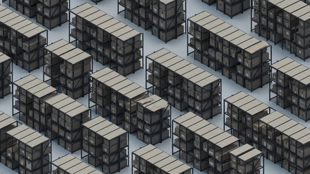 Cargo shipping containers stacked in a warehouse. 3d illustration.の素材