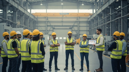 Group of factory workers discussing over digital tablet in warehouse. This is a freight transportation and distribution warehouse. Industrial and industrial workers conceptの素材