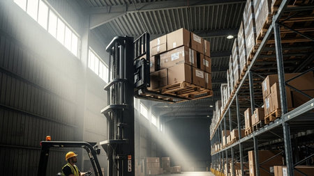 Forklift with boxes in warehouse. This is a freight transportation and distribution warehouse. Industrial and industrial backgroundの素材