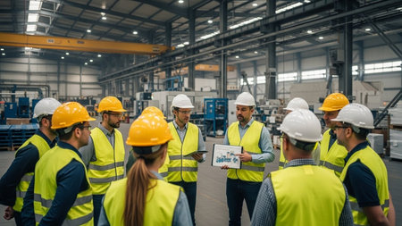 Front view of diverse staff in hardhats looking at clipboard in warehouse. This is a freight transportation and distribution warehouse. Industrial and industrial workers conceptの素材
