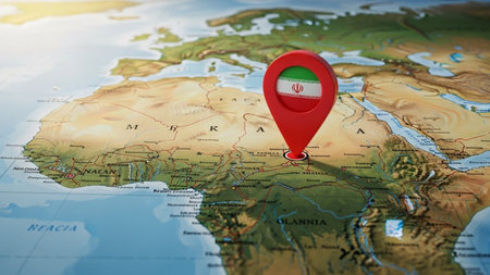 Iran national flag pin on the map. 3D illustration, travel conceptの素材