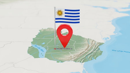 Location of Uruguay on the map with national flag. 3D renderingの素材
