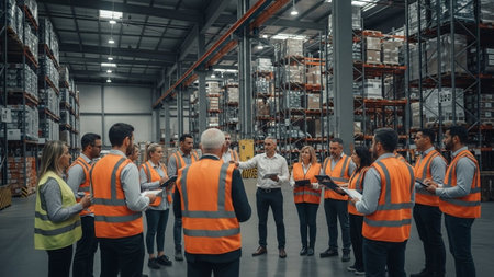 Front view of diverse warehouse staff working together in warehouse. This is a freight transportation and distribution warehouse. Industrial and industrial workers conceptの素材
