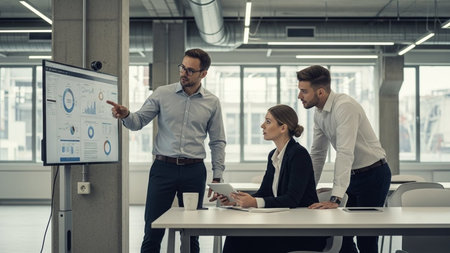 Business people working together in modern office. Businessman pointing at flipchart. Teamwork conceptの素材