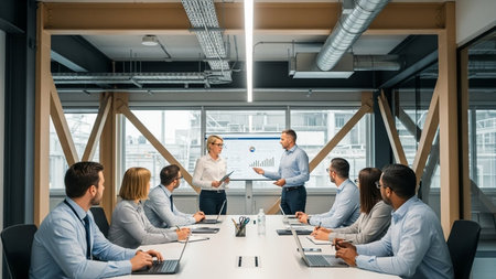 Group of business people discussing business plan at meeting in modern office. Businessman giving presentation to his colleagues.の素材