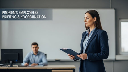 selective focus of businesswoman holding clipboard and looking at colleague in officeの素材
