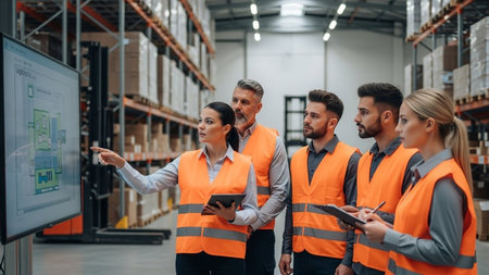 Group of diverse warehouse workers working together in warehouse. This is a freight transportation and distribution warehouse. Industrial and industrial workers conceptの素材