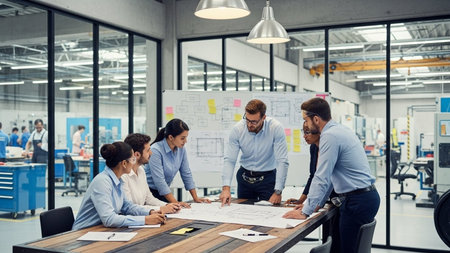 Group of business people in smart casual wear discussing business plan while working in the officeの素材