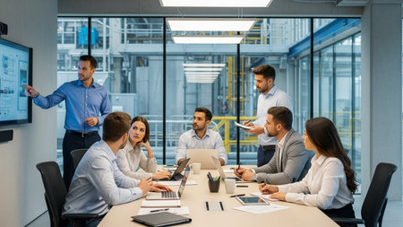 Group of business people discussing business plan at modern startup office building.の素材