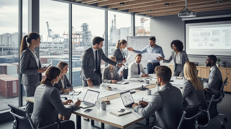 Group of multiethnic businesspeople working together in modern office.の素材