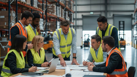 Front view of diverse warehouse staff working together in warehouse. This is a freight transportation and distribution warehouse. Industrial and industrial workers conceptの素材