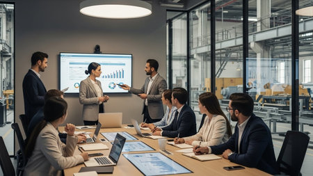 Group of business people in smart casual wear working and communicating in modern office.の素材