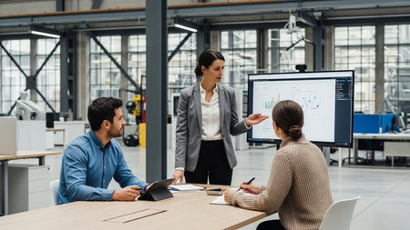 businesswoman pointing with hand at flipchart during meeting in modern officeの素材