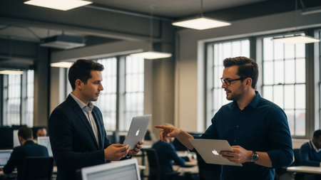 Business people discussing business plan in the office. Business people discussing the charts and graphs showing the results of their successful teamwork.の素材