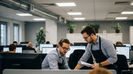 Young business people working on computers in modern office. Selective focus.の素材