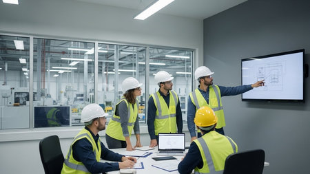 Group of engineers discussing over blueprint at construction site. This is a computer generated and 3d rendered picture.の素材