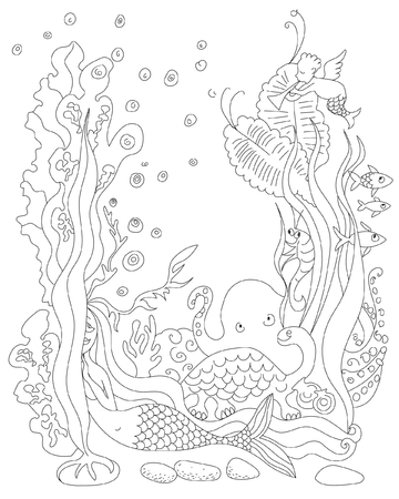 Sea mermaid and animals image background. Vector drawing illustration.のイラスト素材