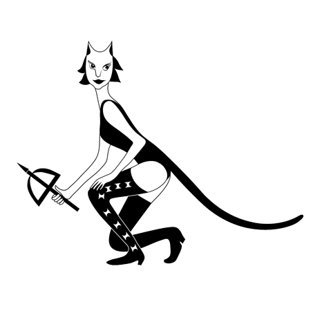 Warrior cat woman with arbalest. Vector black and white outline drawing image.のイラスト素材