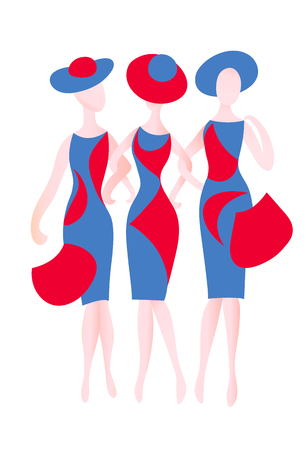 Three women in summer red and blue dresses and hats with bags. Triangles bright background. Vector color abstract image.のイラスト素材