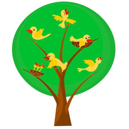 Yellow birds on green tree sing, on nest, jump on branch, feed the Ñhicks. Set of vector color hand drawing images.のイラスト素材